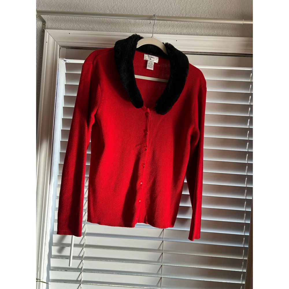 Bonnie and Bill Cardigan Red Faux Fur Collar Ribbed Vintage Festive Glamour
